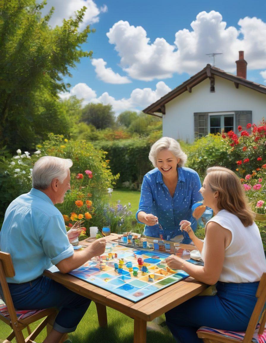 A lively scene depicting a diverse group of mature adults engaged in playful activities such as painting, gardening, and playing board games outdoors. Bright colors and exuberance should radiate joy and freedom, symbolizing the rediscovery of passions. Include elements of nature like sunny skies and blooming flowers to enhance the vibrant and uplifting atmosphere. The mood should evoke a sense of community and fun. super-realistic. vibrant colors. outdoor setting.