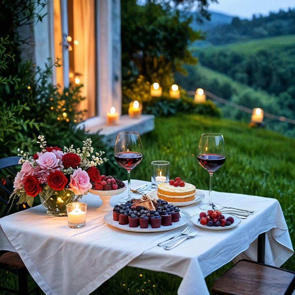 A cozy, romantic setting featuring a candlelit dinner for two, surrounded by whimsical decorations like fairy lights and flowers. Soft textures and warm colors evoke a sense of intimacy, while the background showcases a serene outdoor landscape, hinting at a leisurely escape. Include elements like a glass of wine and a dessert tray to emphasize pleasure. watercolor painting. warm tones. dreamy atmosphere.